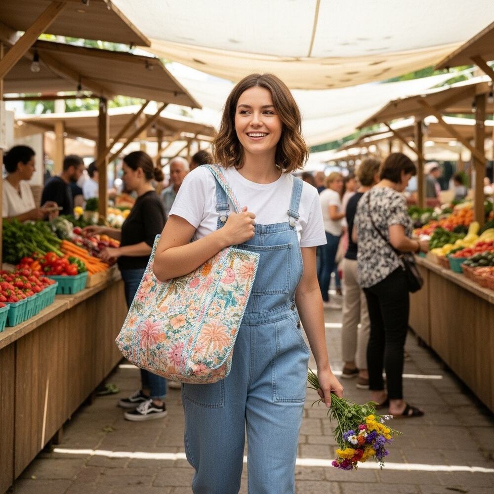 Folklore Couture, Large Quilted Cotton Reversible Tote Bag, Garden Paradise